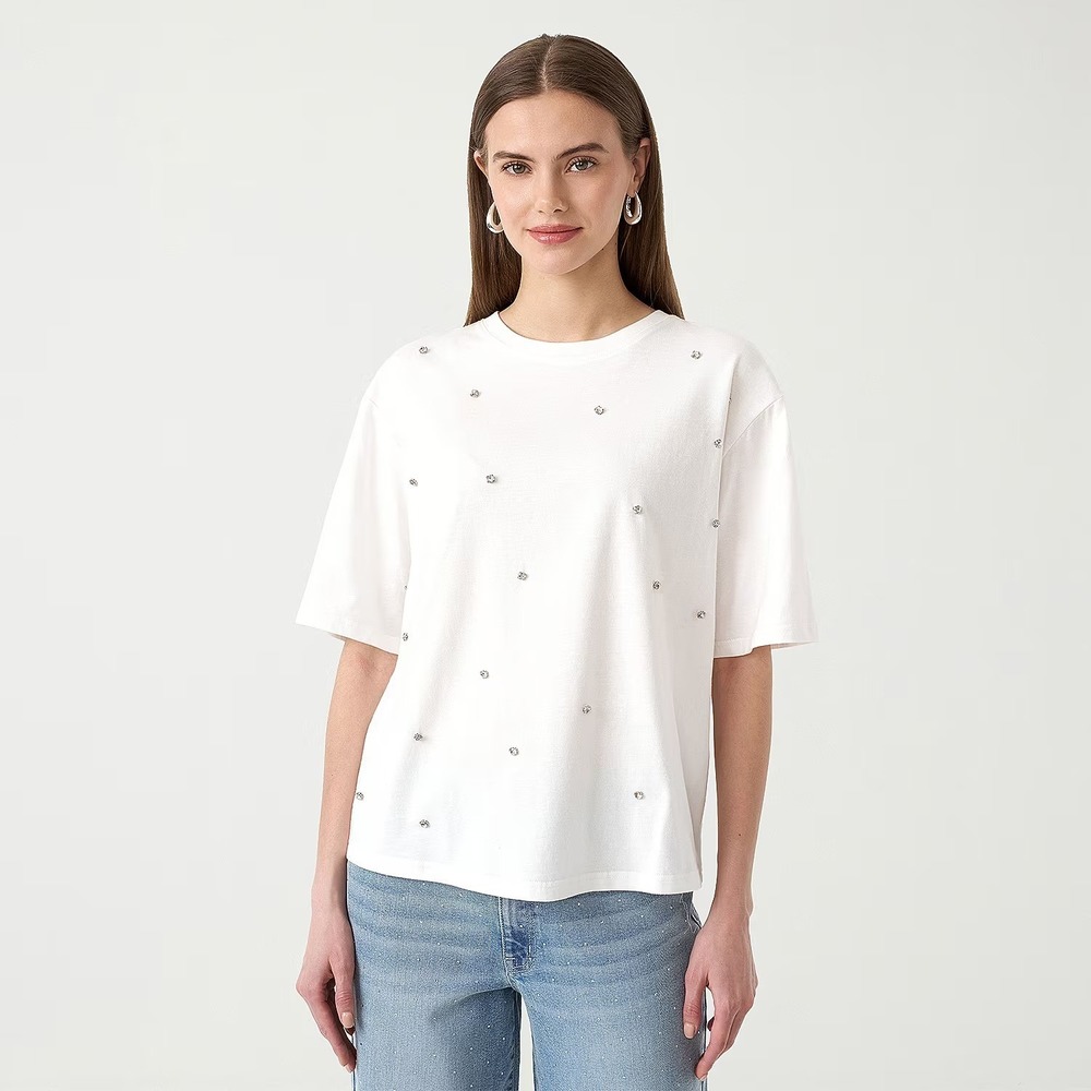 MSRP $44 RM Rebecca Minkoff Women's L White Embellished Short Sleeve Tee